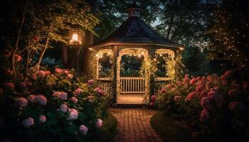 Tranquil rural scene illuminated by lanterns in a formal garden generated by AI photo