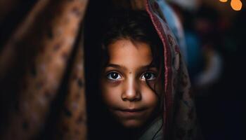 Cute child smiling outdoors, looking at camera with innocence and joy generated by AI photo