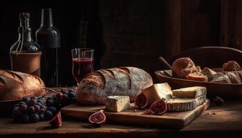 A rustic meal on a wooden table with bread, wine, and meat generated by AI photo