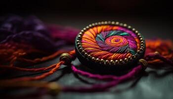 Vibrant colors adorn homemade Indian jewelry, showcasing indigenous creativity and elegance generated by AI photo