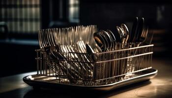 Stack of shiny stainless steel kitchen utensils on wooden table generated by AI photo