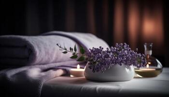 Purple flower petals and scented candle create a relaxing atmosphere generated by AI photo