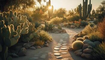 Tranquil scene sunset over arid mountain landscape, succulent plant growth generated by AI photo