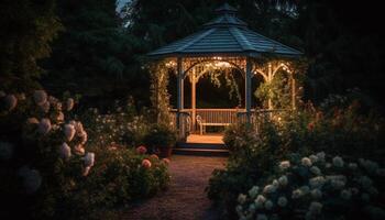 Romantic wedding celebration in a tranquil, illuminated formal garden generated by AI photo