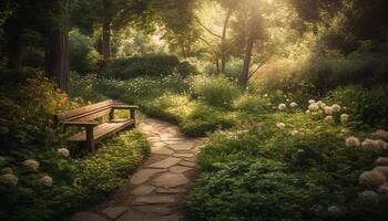 A tranquil scene of a formal garden with a bench generated by AI photo