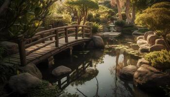 Tranquil scene of a tropical rainforest with a reflection pond generated by AI photo