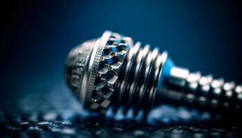 Shiny metallic wrench on blue background, selective focus on foreground generated by AI photo