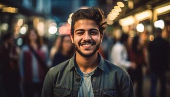 Confident young men enjoy city nightlife, smiling and walking outdoors generated by AI photo