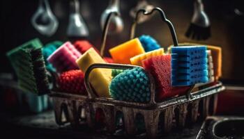 Colorful kitchen equipment stack, fresh homemade dessert in plastic container generated by AI photo