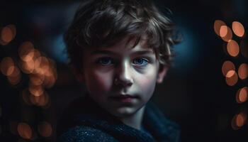 Cute Caucasian boy smiling at camera in illuminated Christmas lights generated by AI photo