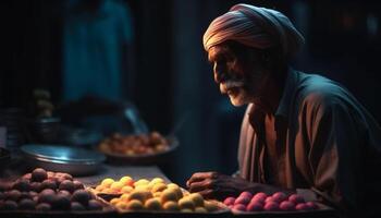 Senior man preparing healthy meal outdoors with fresh vegetables and fruit generated by AI photo