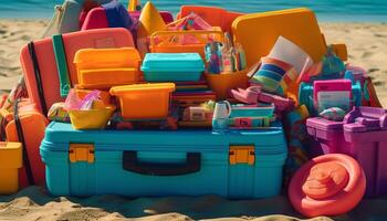 Fun filled summer journey to tropical resort with multi colored luggage generated by AI photo