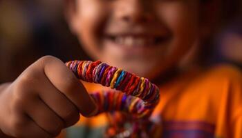 Smiling children playing with multi colored craft rope, enjoying childhood fun generated by AI photo
