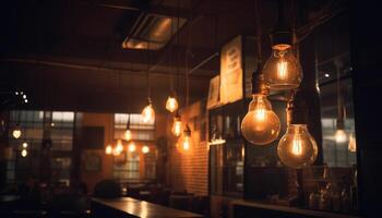 Brightly lit modern loft apartment with illuminated light bulb hanging from ceiling generated by AI photo