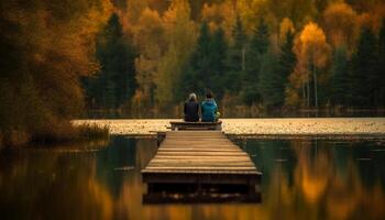 un tranquilo escena de un heterosexual Pareja sentado en un embarcadero, disfrutando naturaleza generado por ai foto