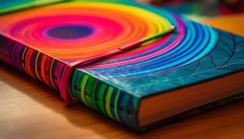Vibrant colored book stack on wooden table for studying literature generated by AI photo