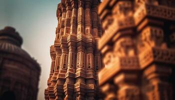 Ancient sandstone monument adorned with ornate sculptures, illuminated at night generated by AI photo