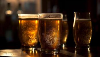 Foamy beer poured into a pint glass on a bar counter generated by AI photo