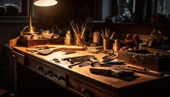 Carpenter workshop old fashioned tools, steel and wood, creative craftsmanship generated by AI photo