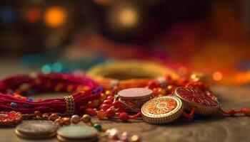 Vibrant collection of traditional Indian jewelry for wedding ceremony generated by AI photo