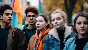 A cheerful group of young adults smiling in casual clothing generated by AI photo