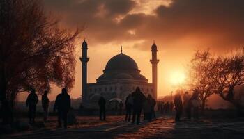 Silhouette of men praying at famous Blue Mosque at dusk generated by AI photo