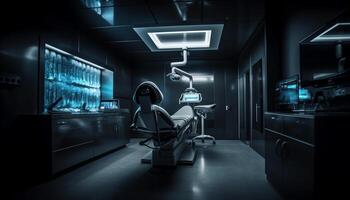 Modern robotic surgery equipment illuminates the empty hospital room generated by AI photo