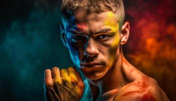 Serious young adult athlete with blue face paint in futuristic studio generated by AI photo