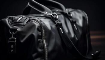 Black leather backpack with metal buckle and zipper fastening generated by AI photo