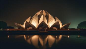 Majestic architecture illuminates famous city skyline at dusk with reflection generated by AI photo