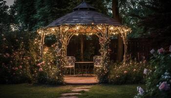 verano noche celebracion en un formal jardín con iluminado decoración generado por ai foto