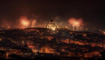 Illuminated cityscape explodes with firework display, celebrating famous landmarks generated by AI photo