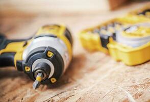 Portable Cordless Power Power Drill And Bits. photo