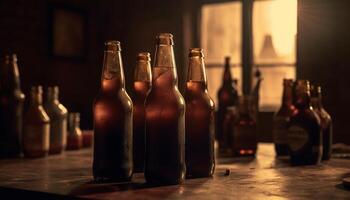 Dark beer bottle on wooden table in brewery, full of liquid generated by AI photo