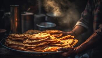 Homemade pancake stack, fried to perfection, a gourmet dessert generated by AI photo