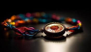 Vibrant wristband adorned with ornate beads symbolizes Indian spirituality generated by AI photo