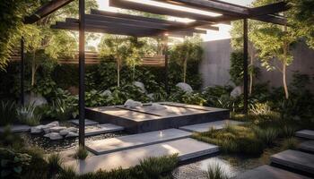 Modern luxury home with formal garden, pool, and tropical foliage generated by AI photo