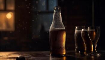 Golden liquid drops on table, fresh beer in glass for relaxation generated by AI photo