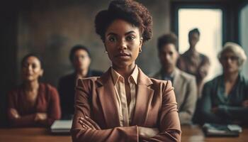 A diverse group of confident business professionals in a boardroom generated by AI photo