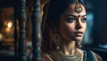 Beautiful young Indian woman exudes elegance and confidence in jewelry generated by AI photo