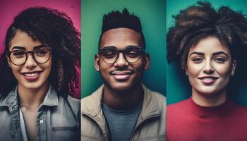 A group of smiling young adults looking at camera happily generated by AI photo