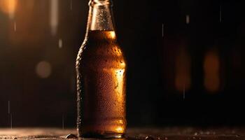 Frothy beer drop on glass, condensation, refreshing liquid refreshment generated by AI photo