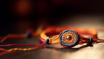 hermano y hermana enlace con pulsera en tradicional hindú ceremonia generado por ai foto