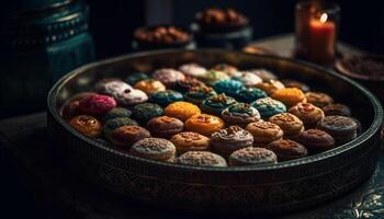 Homemade dessert bowl with multi colored candy and fresh fruit generated by AI photo