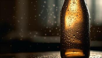 A frothy drink in a beer glass on a wood table generated by AI photo