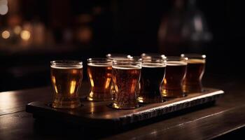 Fresco cerveza negra en un medio litro vaso en un oscuro bar mostrador generado por ai foto