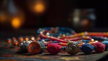 Vibrant colored spools of thread adorn homemade craft product collection generated by AI photo