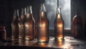 Dark liquid in glass bottle on wet table reflects industry equipment generated by AI photo