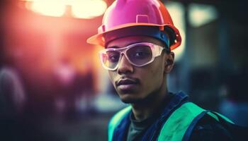 One hardhat wearing construction worker, standing confidently at a construction site generated by AI photo