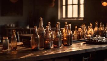 Old fashioned whiskey bottle on dark wooden table in bar generated by AI photo